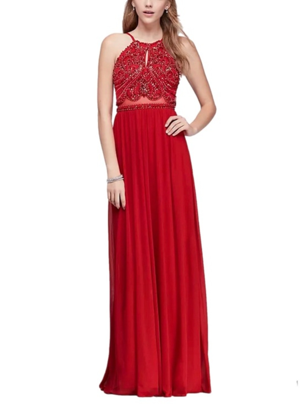 Blondie Nites | Red Beaded Mesh Halter  Gown​​​​​ Illusion Waist